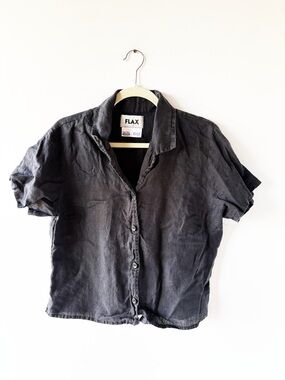 Flax Black Linen Short Sleeve Button Up Shirt Natural Material Slow Fashion